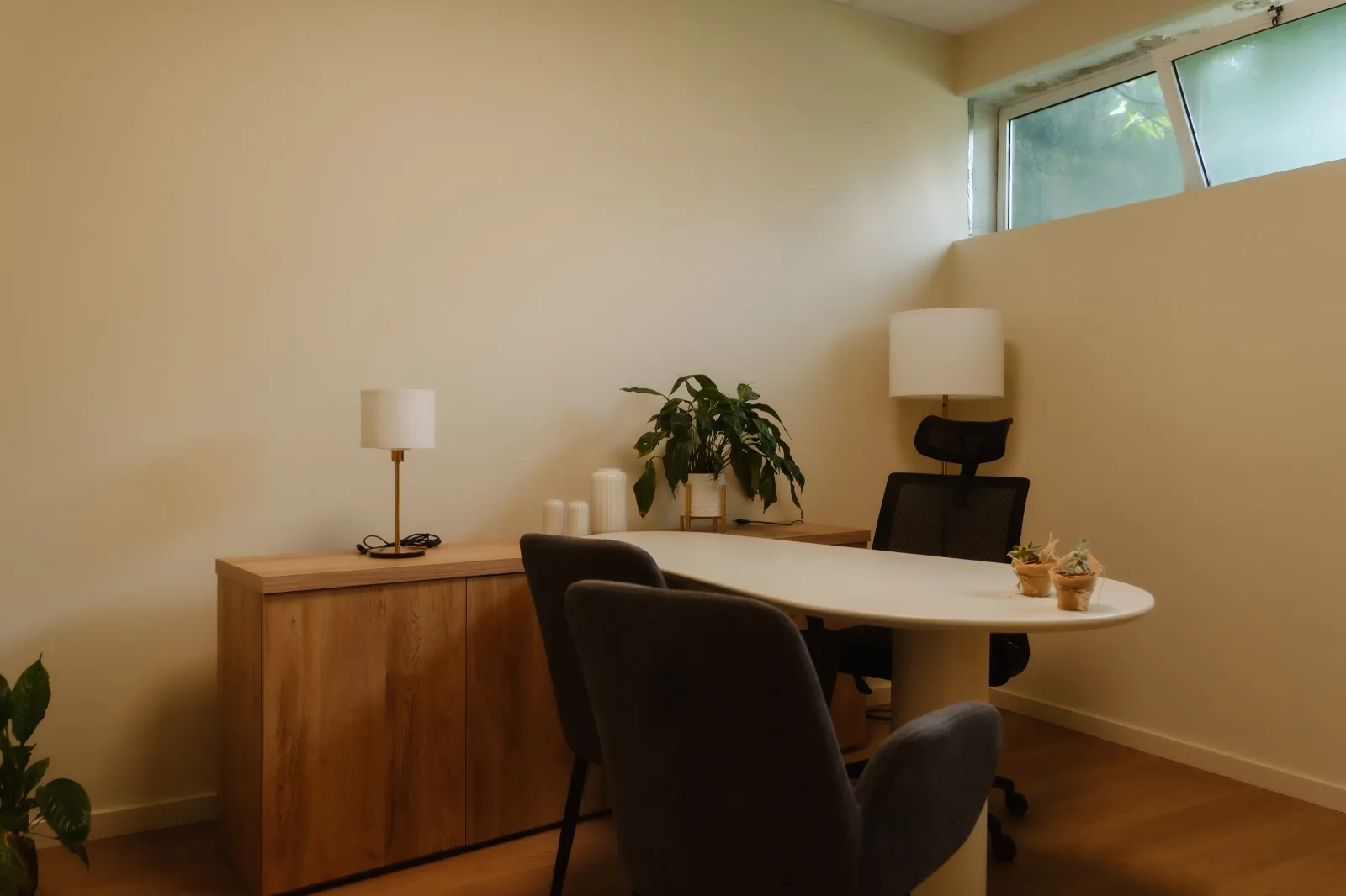 Sala de consulta com janela, planta e candeeiro de mesa